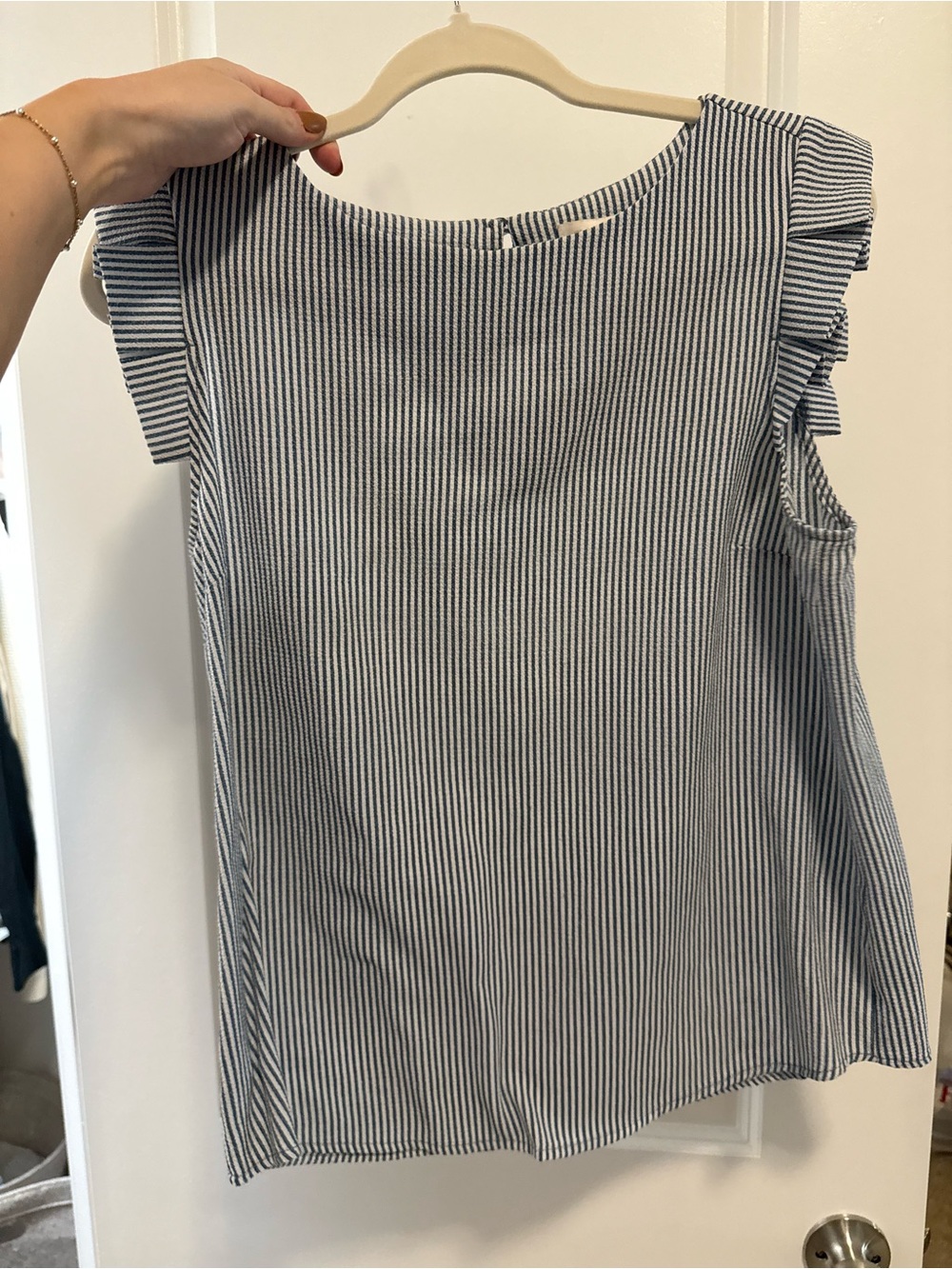 Striped Ruffle-Sleeve Women’s Blouse - Navy & White